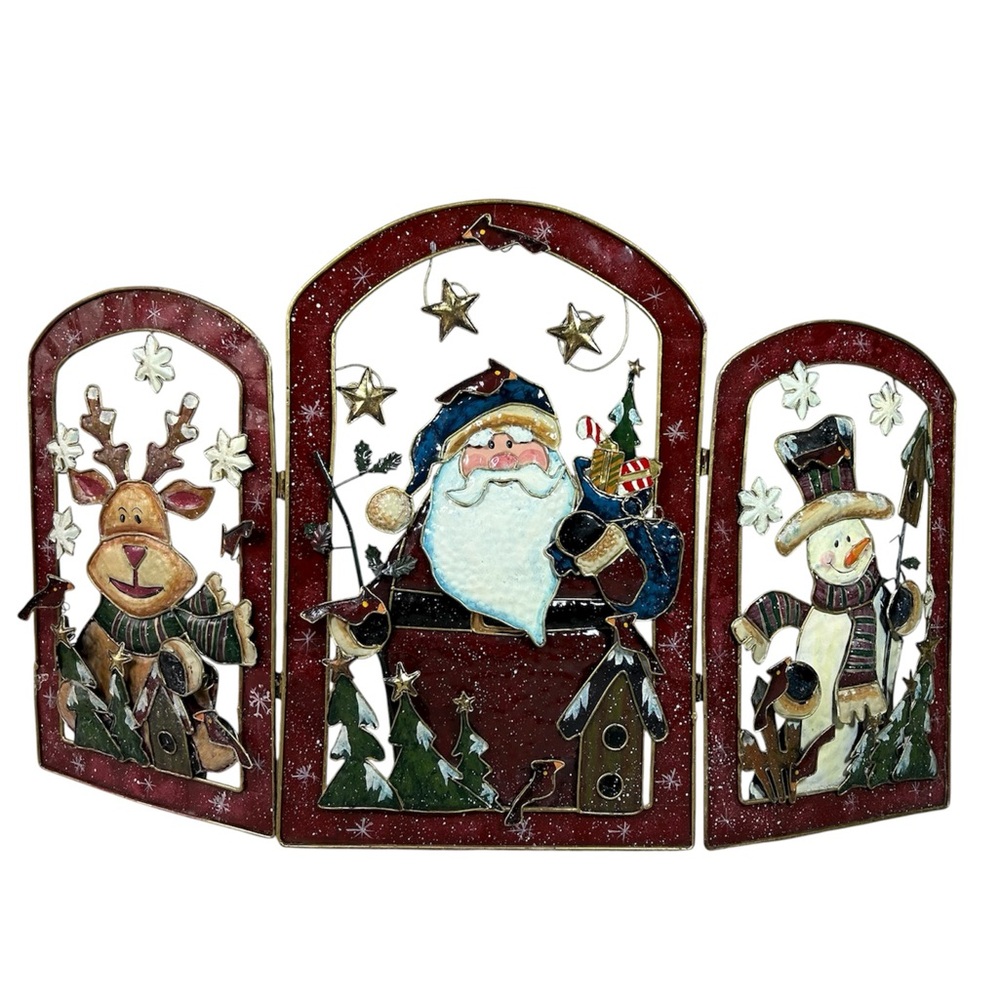 VTG Holiday Metal 3 Panel Folding Fireplace Screen Santa Claus Reindeer Snowman